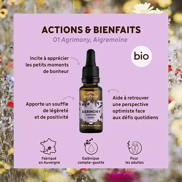 Biofloral Fleur De Bach 01 Agrimony Aigremoine Compte Gouttes Bio 20 ml