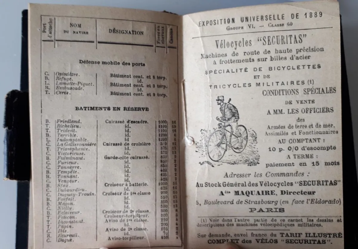 Carnet aide-mémoire militaire 1889