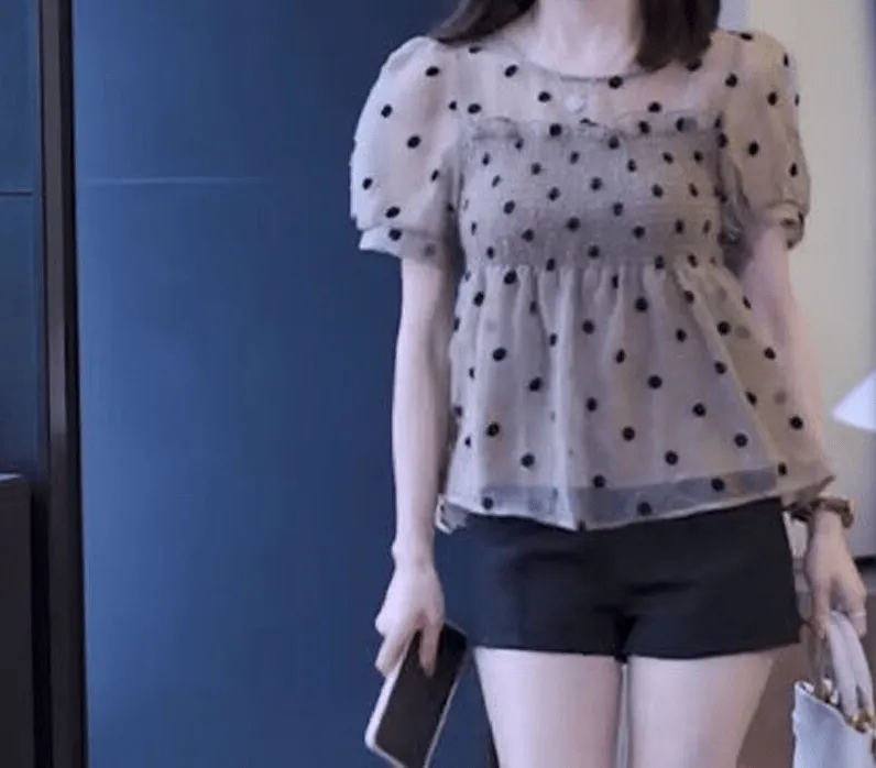 Chemise À Pois Élégant Doux Froncé Femmes