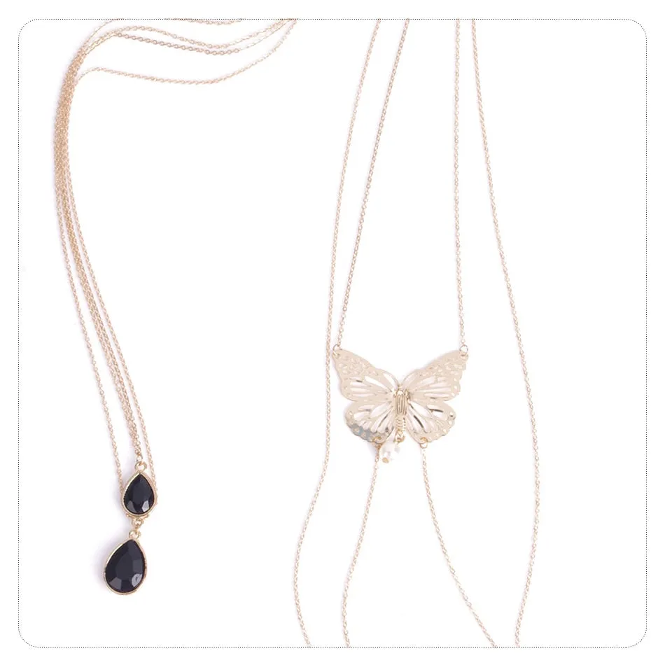 Collier de dos papillon à pierre noire en gouttes en or pour femme