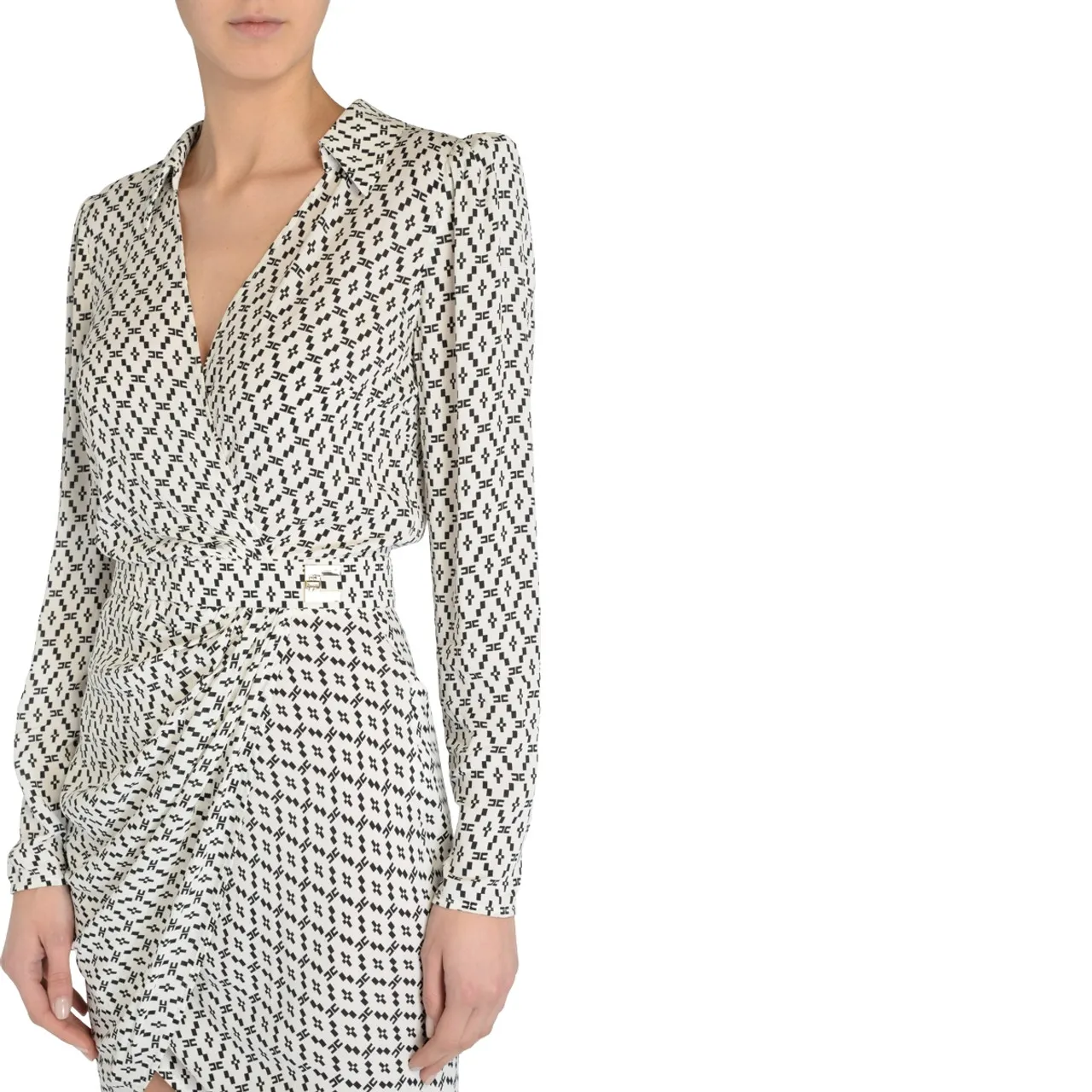 Elisabetta Franchi Robe portefeuille couleur beurre avec imprimé noir