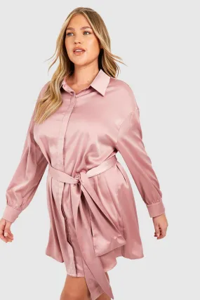Grande taille - Robe chemise satinée nouée