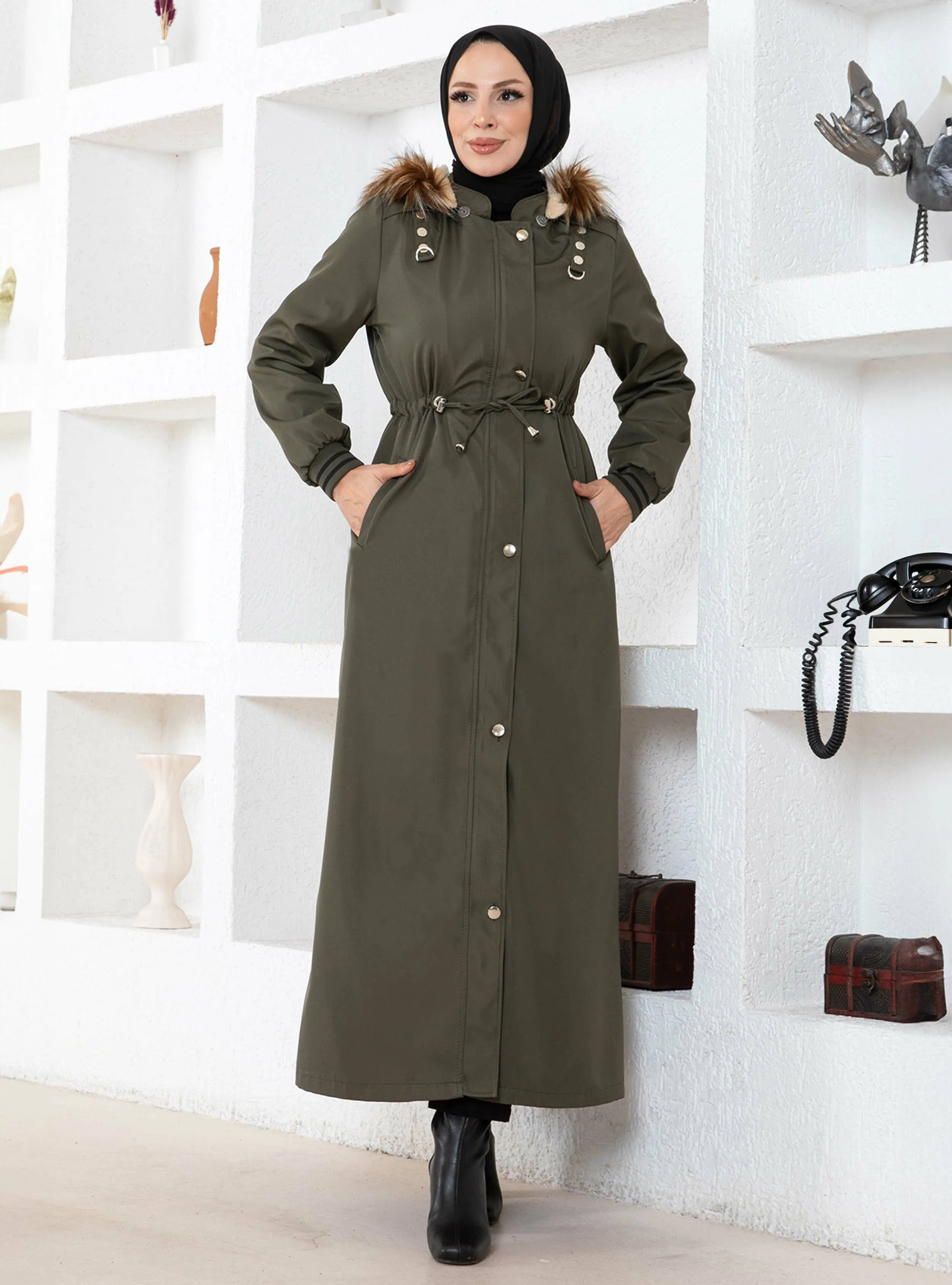Hooded Ribbed Coat Khaki