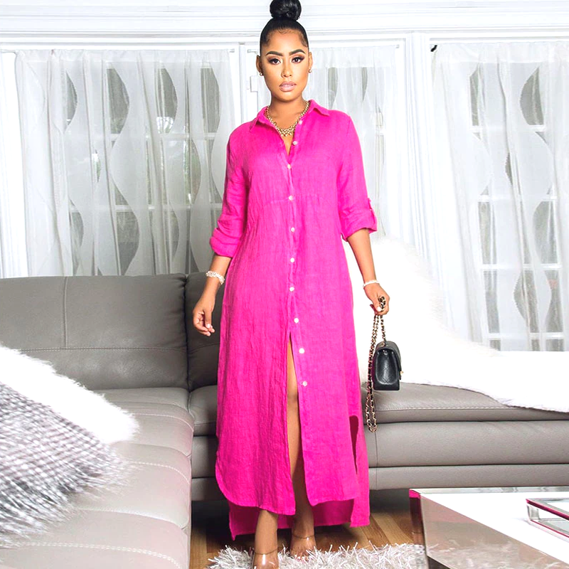 Longue Robe Chemise Boutonnée Manches Mi-longues