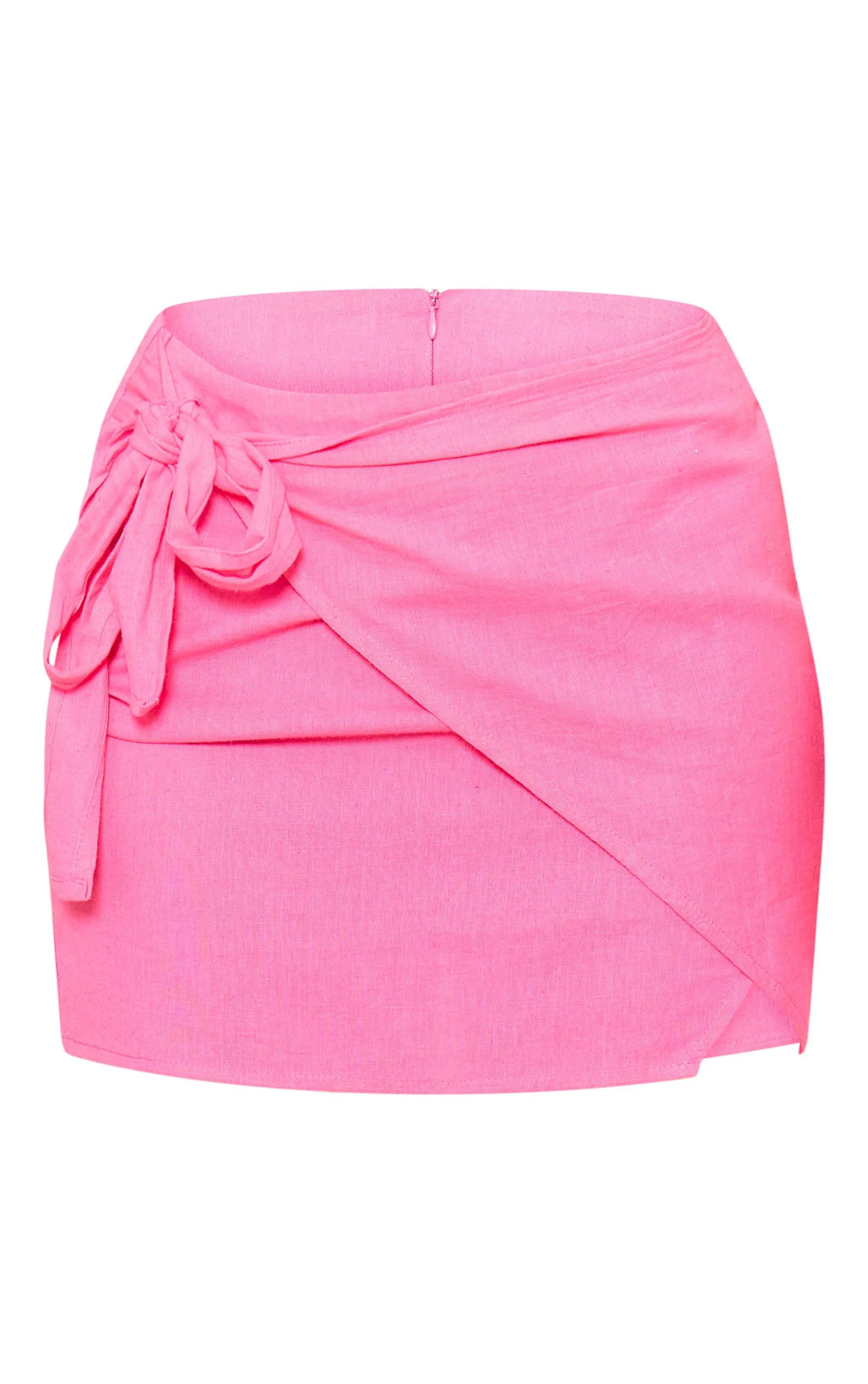 Petite Mini-jupe portefeuille en effet lin rose vif
