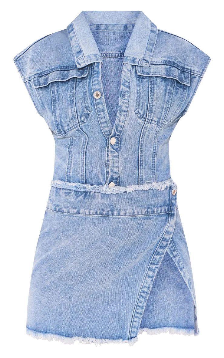Petite Mini-robe en jean bleu sans manches style portefeuille