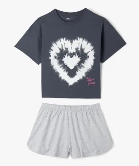 pyjashort bicolore avec motif coeur fille gris pyjamas