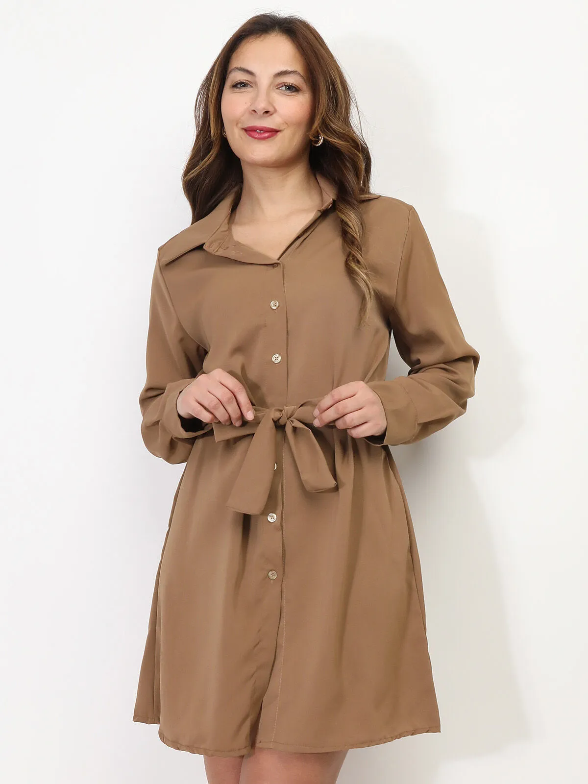 Robe chemise à nouer- Camel