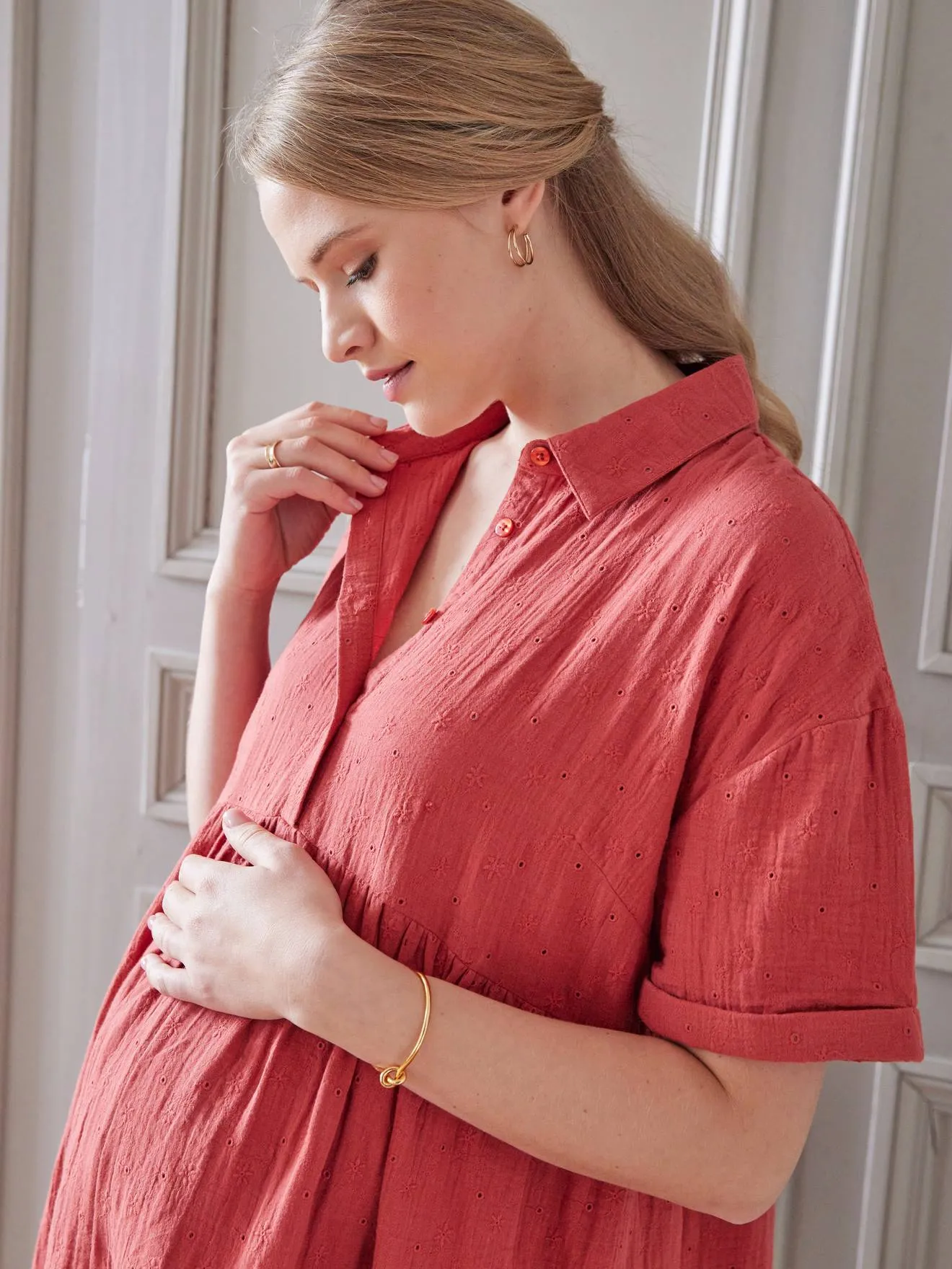 Robe-chemise gaze de coton brodé grossesse et allaitement tomette - Vertbaudet
