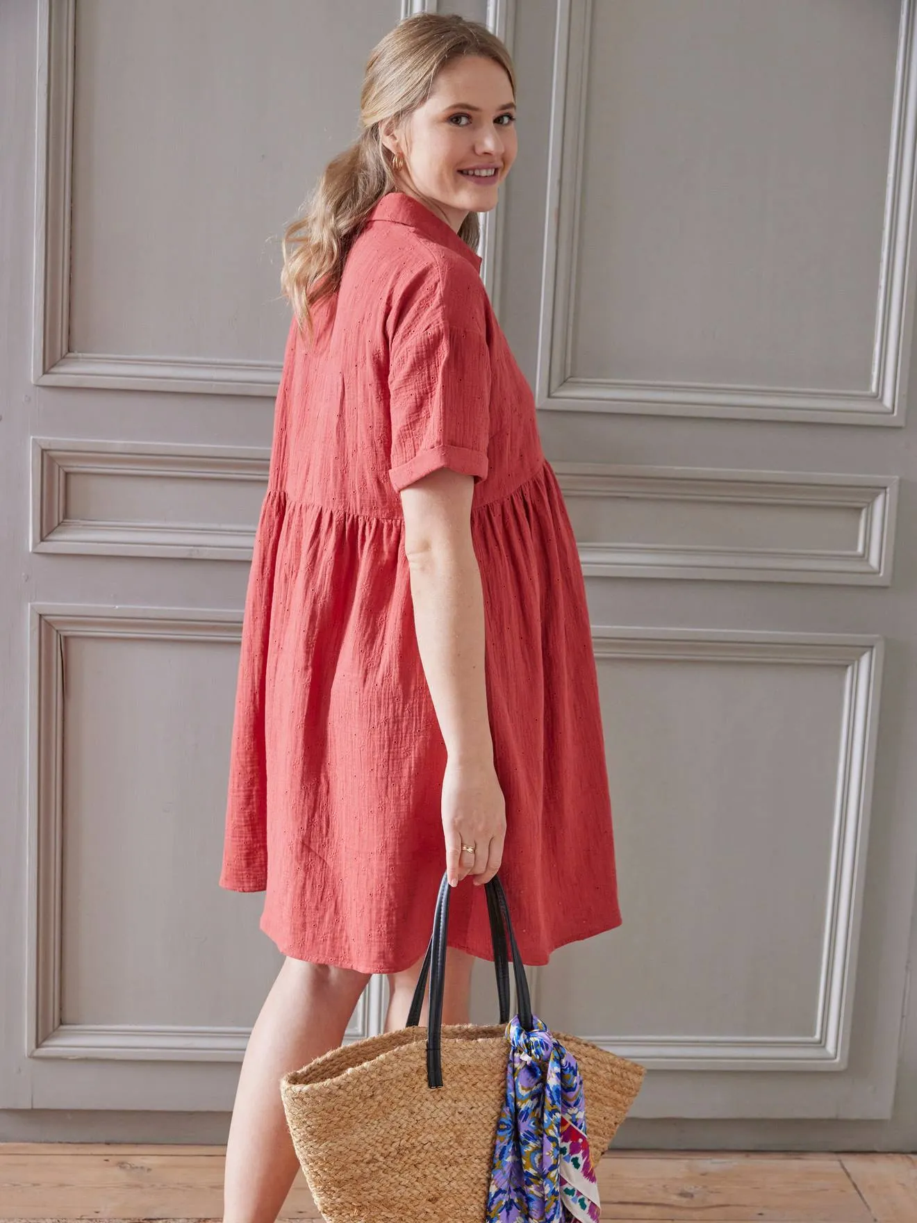 Robe-chemise gaze de coton brodé grossesse et allaitement tomette - Vertbaudet
