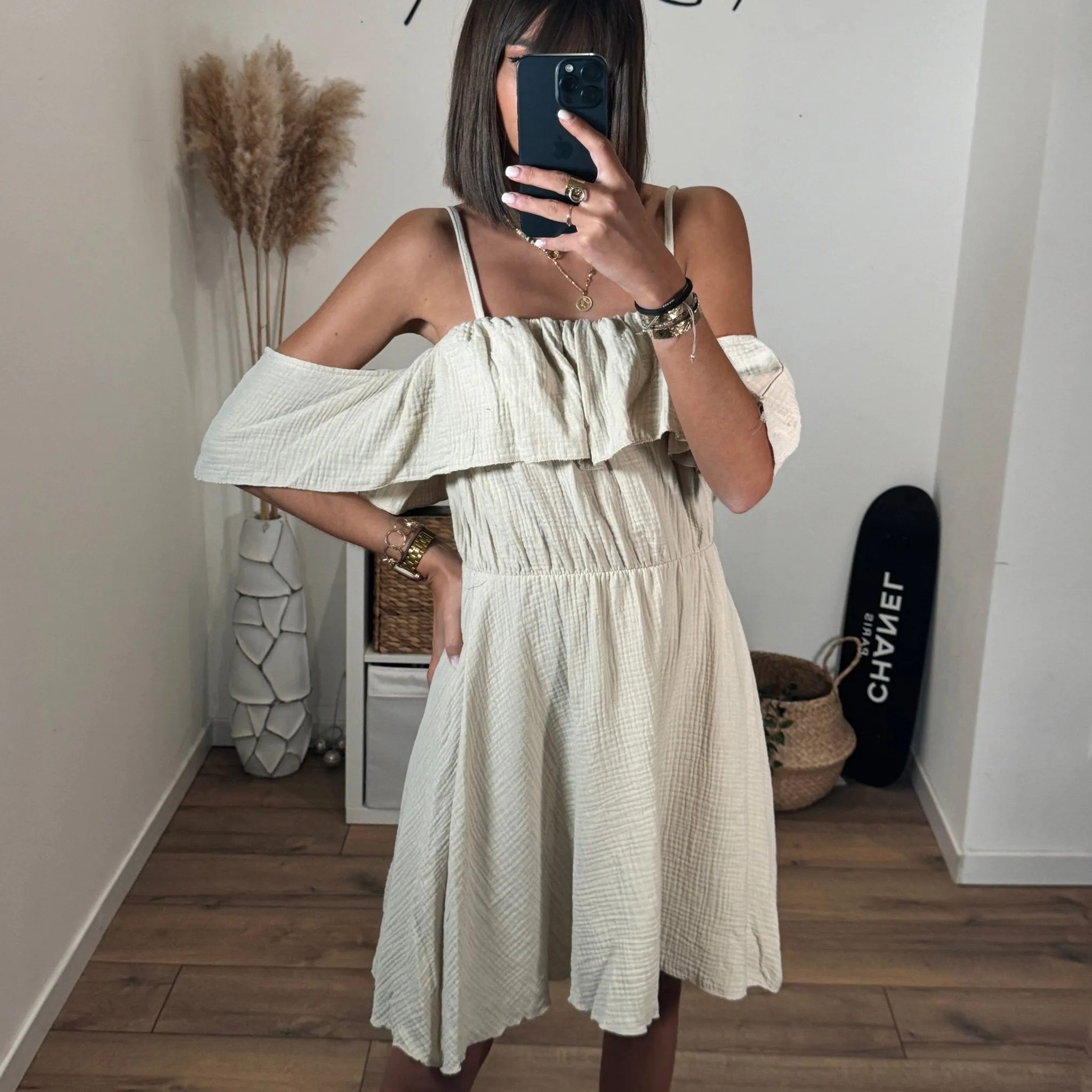 ROBE COURTE BEIGE GAZE DE COTON LEANA