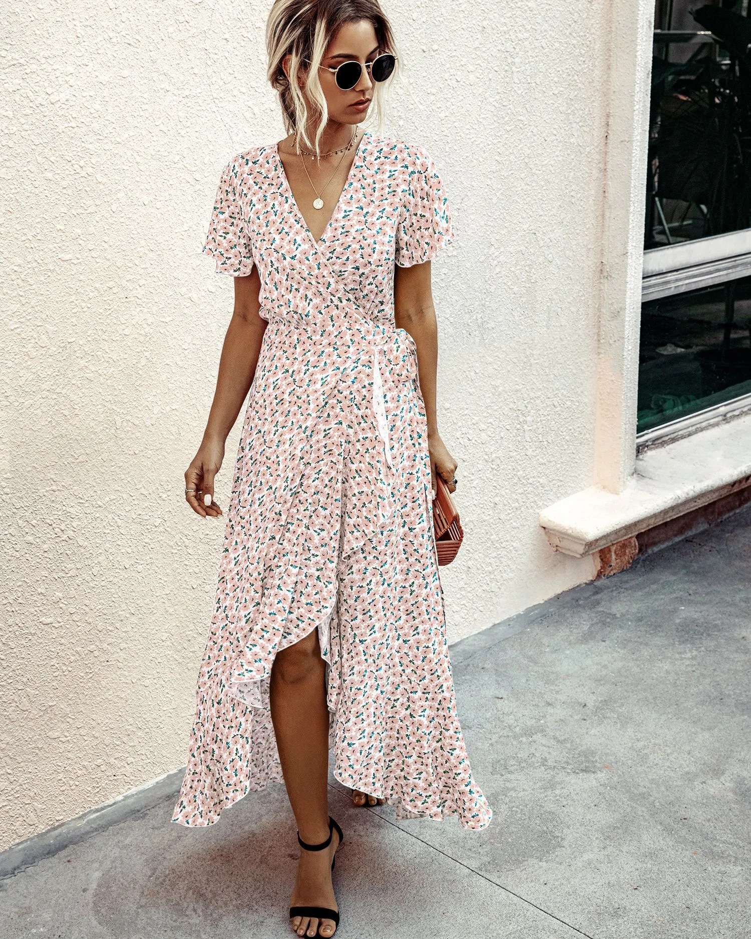 Robe fleurie mariage portefeuille à volants rose | Tendance Fleurie