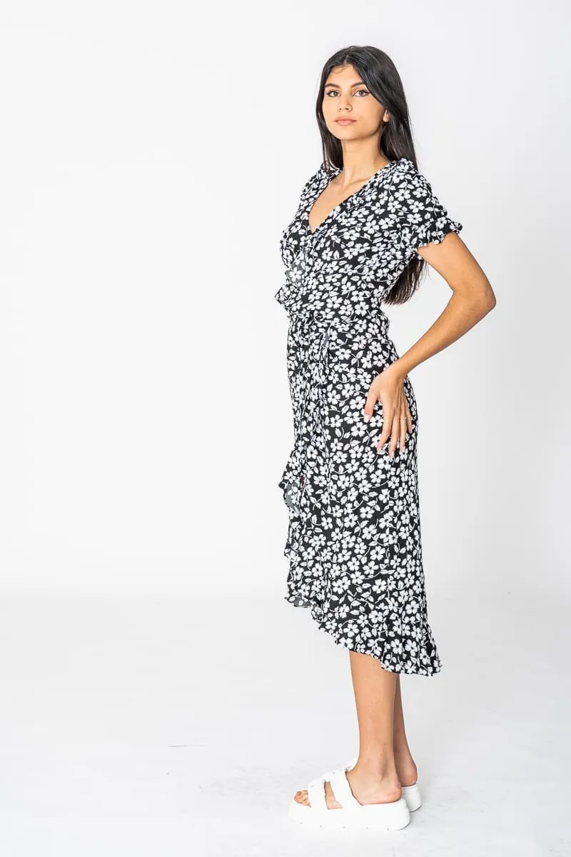 Robe portefeuille fleurie noir