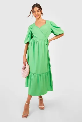 Robe portefeuille mi-longue à manches bouffantes
