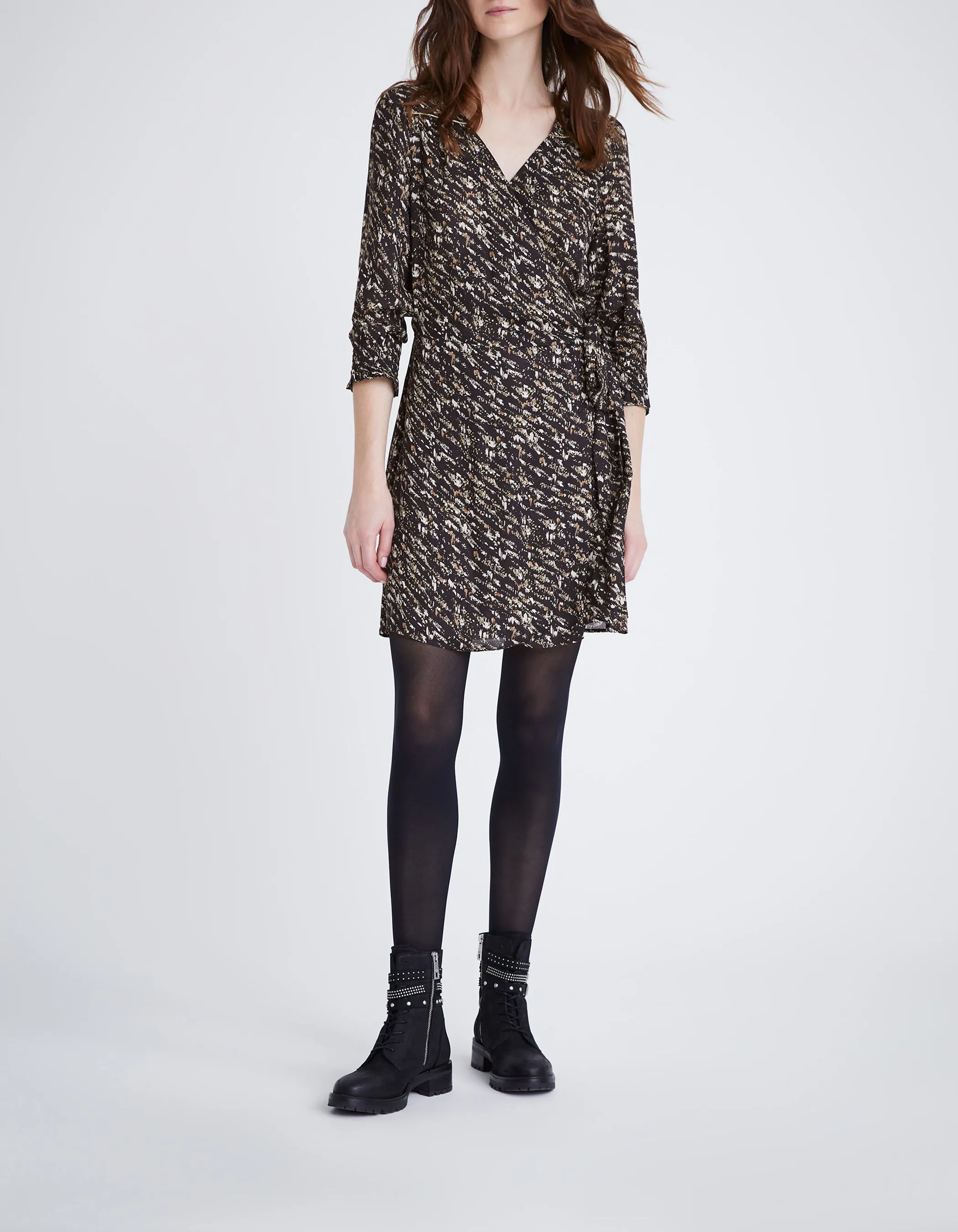 Robe portefeuille noire imprimé fusain Femme