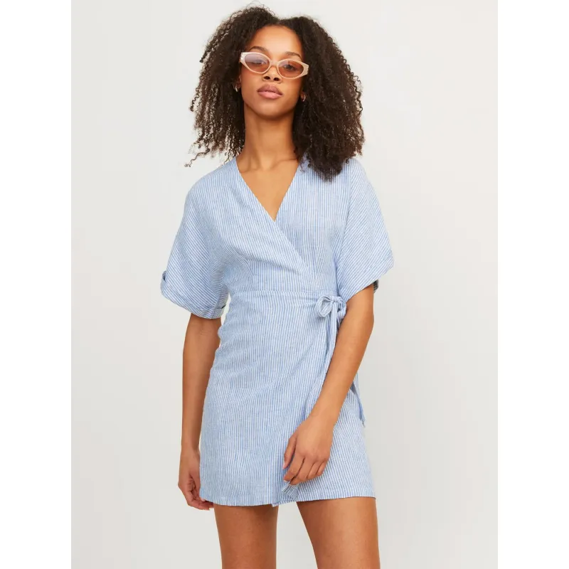 Robe portefeuille rayée raya en lin bleu femme - Jjxx | wimod