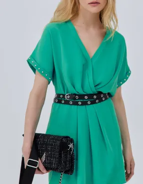 Robe verte forme portefeuille manches cloutées Femme