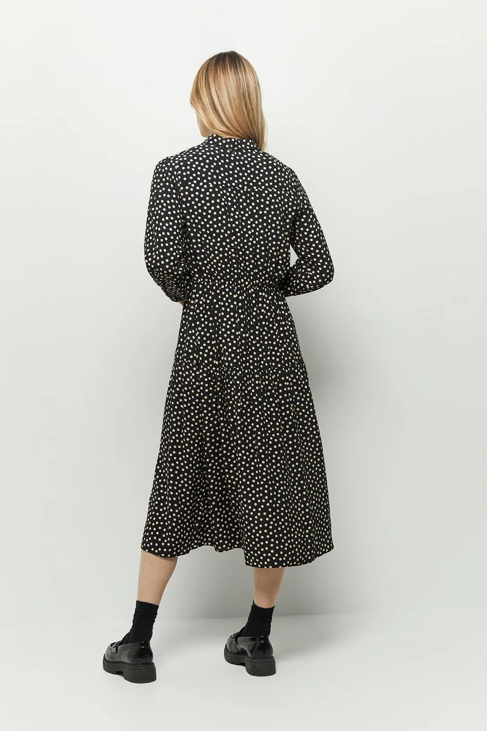 ROMANE - Robe chemise midi noire en viscose avec imprimé pois