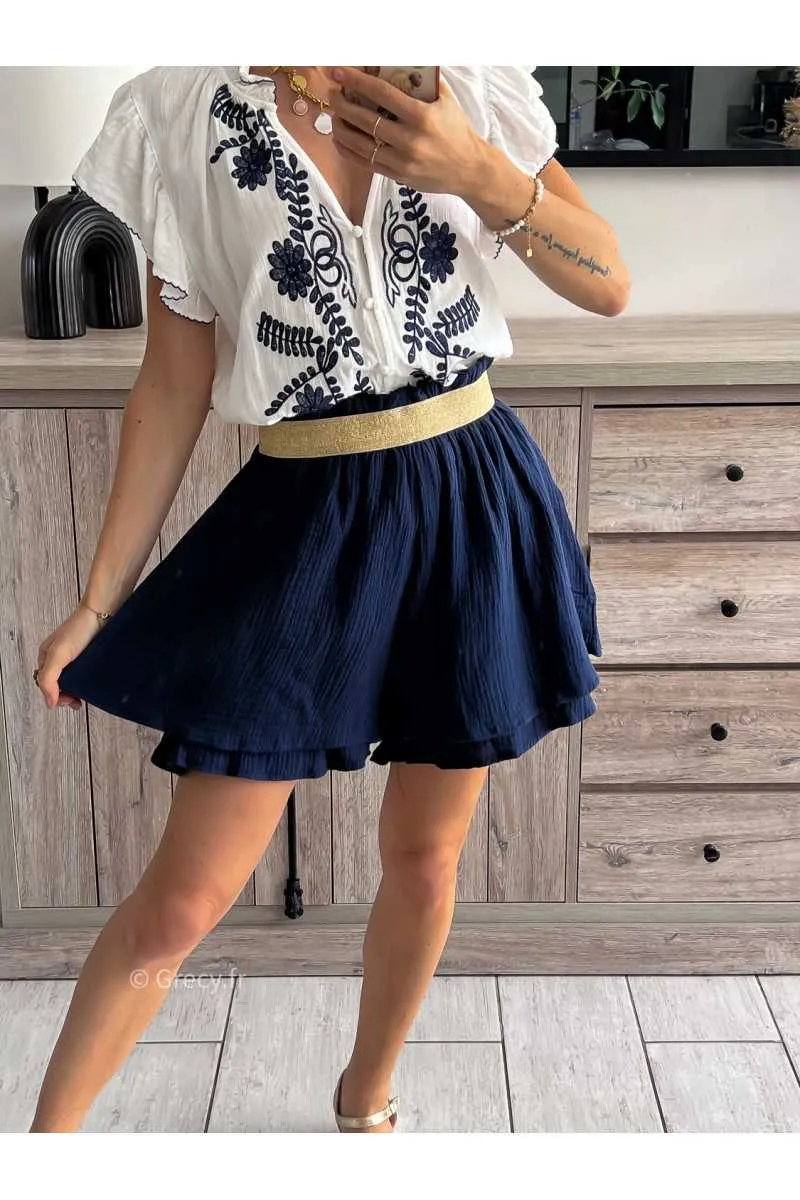 Short gaze de coton bleu marine avec poches
