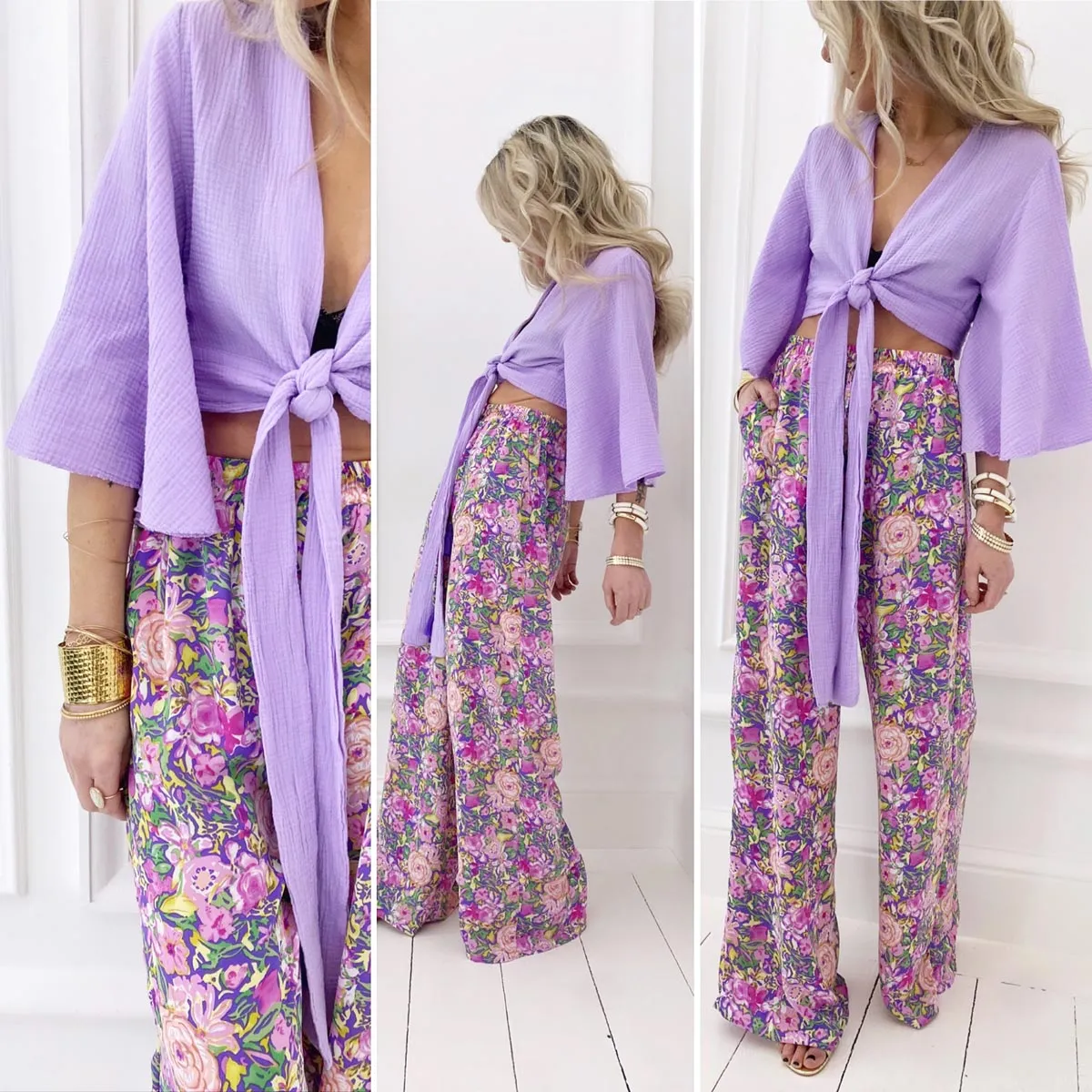 Top lilas noeud gaze de coton