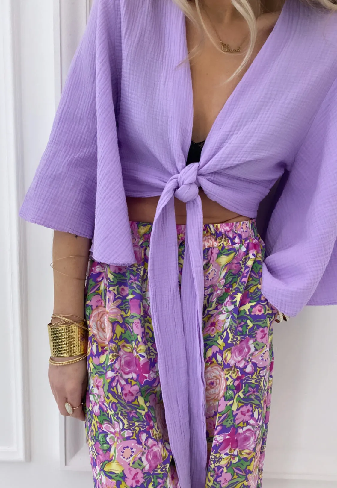 Top lilas noeud gaze de coton